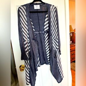 Dark blue and white cardigan.